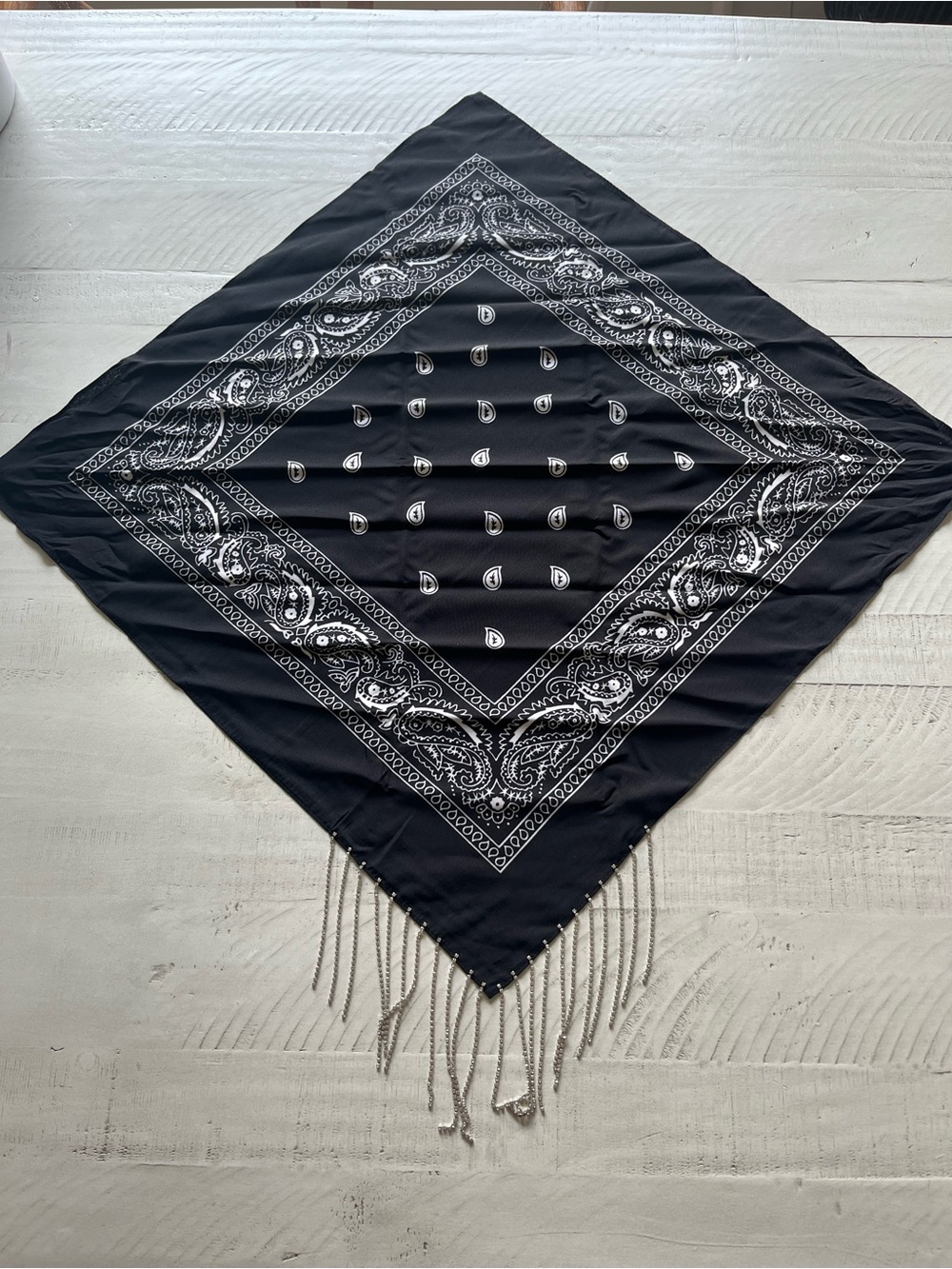 Navy Paisley Bandana Scarf with Silver Fringe
